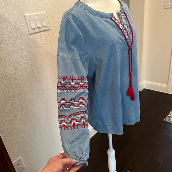 BROOKE SHIELDS Denim Boho Peasant Shirt - M - Picture 6 of 12
